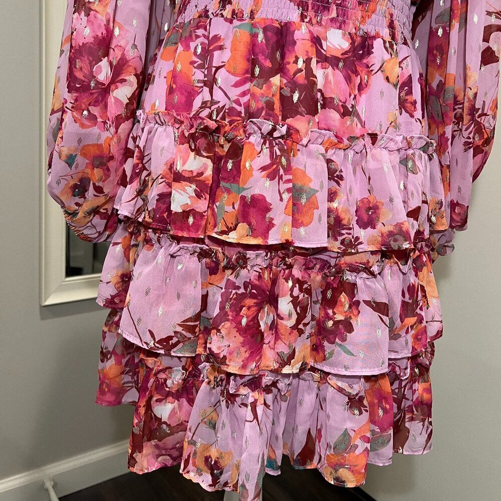 MSK Pink Floral Smocked Waist Tiered Mini Dress, Size Medium - Picture 5 of 16